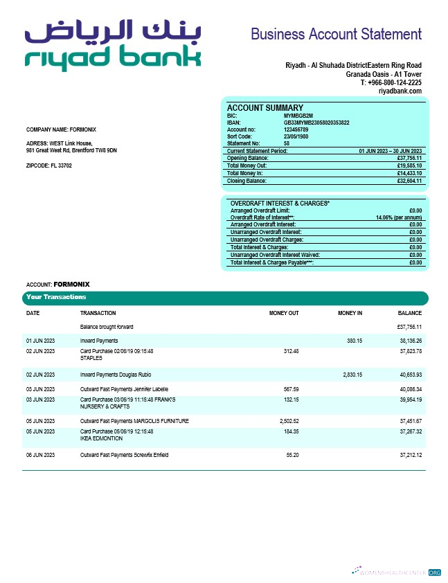 Download Riyad Bank enterprise statement Word and PDF template Photoshop template